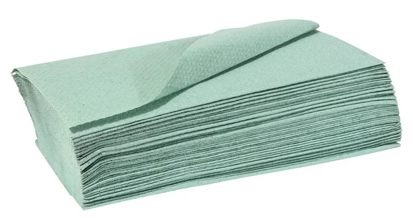白い背景に隔離された顔と手のための使い捨ての緑の紙組織のスタック — ストック写真