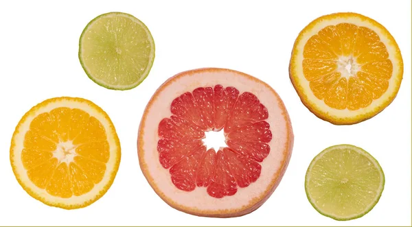 Sliced Pieces Orange Lime Grapefruit White Background Top View — Stock Photo, Image