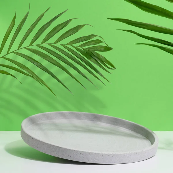 Grau Leere Dekorative Platte Und Grünes Palmblatt Auf Grünem Hintergrund — Stockfoto