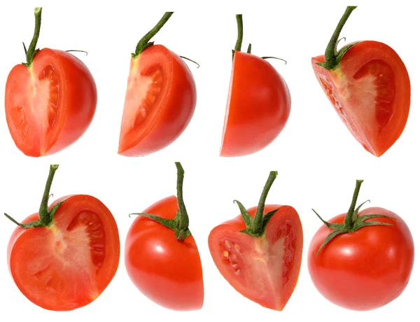 Various Pieces Red Ripe Tomato White Isolated Background — Stock Photo, Image