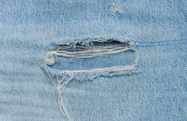 Fragment Blue Jeans Fabric Hole Full Frame Close — Stock Photo, Image