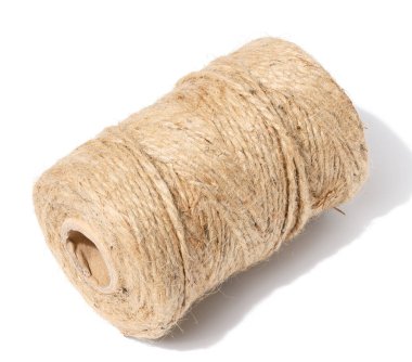 Brown thread spool on white isolated background, packaging rope