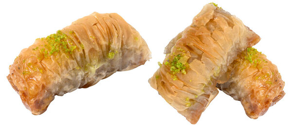 Pieces of baked baklava in honey on a white isolated background. Set