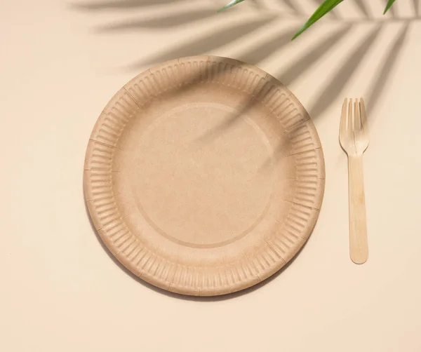 Brown Paper Plate Wooden Fork Disposable Tableware Beige Background Top — Stock Photo, Image