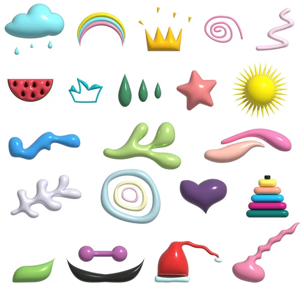 Various Multicolored Inflated Doodles Objects Set Isolated Illustrations — Stock Photo, Image