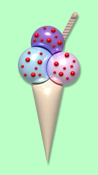 带冰淇淋筒和勺子的抽象绿色背景 3D渲染说明 — 图库照片