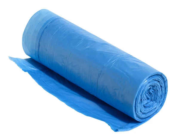 Голубые Пластиковые Пакеты Мусора Струнами Белом Фоне Закрыть — стоковое фото