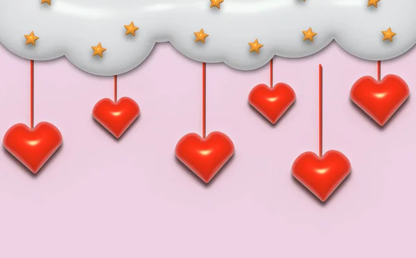 Abstract Festive Pink Background Red Hearts White Clouds Rendering Illustration — Stock Photo, Image