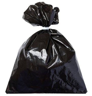 Beyaz izole arkaplanda tam siyah plastik torba.
