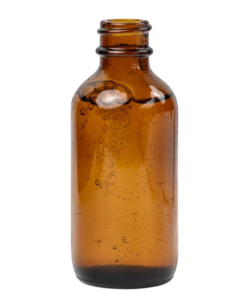 Offene Braune Glasflasche Mit Flüssigkeit Auf Weißem Isoliertem Hintergrund Behälter — Stockfoto