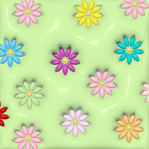 Abstrakter Grüner Hintergrund Mit Bunten Blumen Rendering Illustration — Stockfoto
