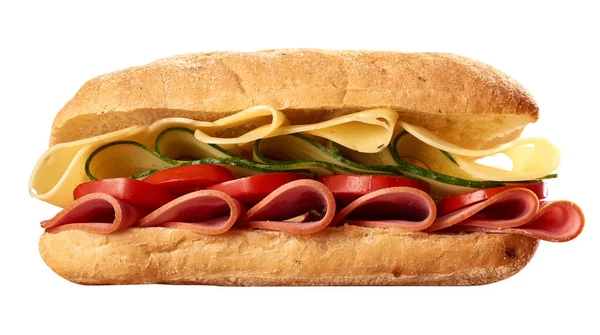 Sandwich Chignon Ciabatta Fines Tranches Saucisse Fromage Edam Sur Fond — Photo