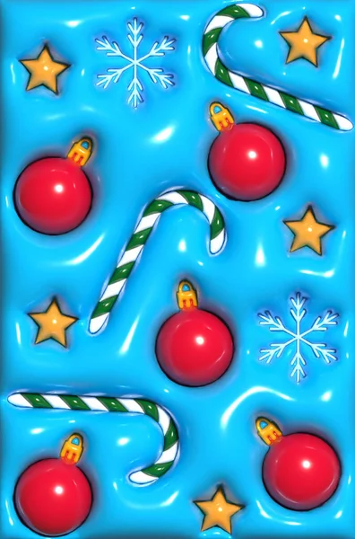 Fondo Navidad Verde Con Caramelos Bolas Copos Nieve Ilustración Representación —  Fotos de Stock