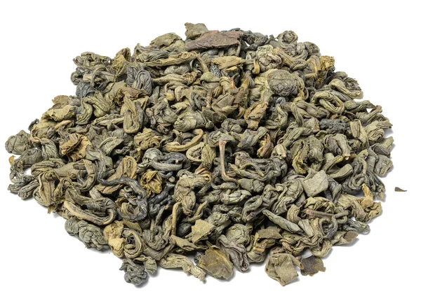 Pokręcone Liście Zielonej Herbaty Zdrowy Napój Widok Góry — Zdjęcie stockowe