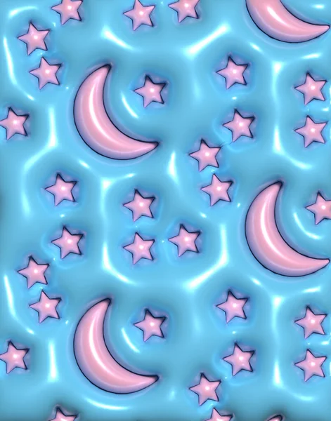 Fond Bleu Avec Lune Rose Étoiles Figures Gonflées Illustration Rendu — Photo