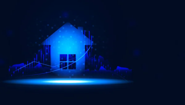 Neon House Wykres Rosnącymi Wskaźnikami Niebieskim Tle Koncepcja Wzrostu Cen — Zdjęcie stockowe
