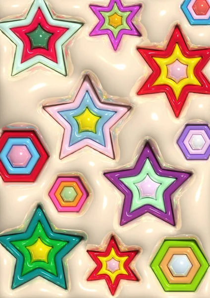 Μπεζ Φόντο Πολύχρωμα Αστέρια Φουσκωμένα Σχήματα Απεικόνιση Απόδοση — Φωτογραφία Αρχείου