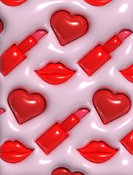 Lipstik Hati Dan Bibir Pada Latar Belakang Merah Muda Ilustrasi — Stok Foto