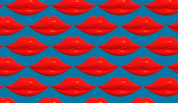 Red lips with glitter on a blue background, 3D rendering illustration