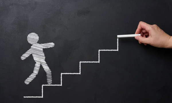 Chalk Drawn Staircase Goes Little Man Goes Forward Goal Achievement — Stock Photo, Image