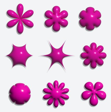 Beyaz arkaplanda çeşitli pembe çiçekler ve şekiller, üç boyutlu resimleme