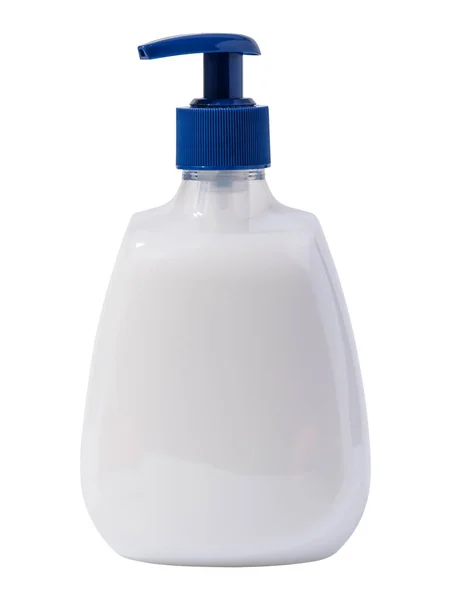 Witte Plastic Transparante Fles Met Zeepdispenser Een Witte Achtergrond — Stockfoto