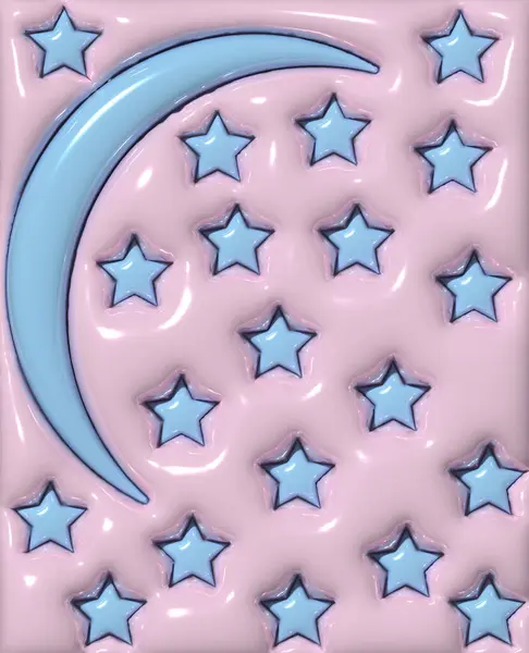 Fond Rose Avec Lune Bleue Étoiles Figures Gonflées Illustration Rendu — Photo