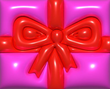 Pembe arka planda kırmızı bağlı yay ve kurdele, üç boyutlu resimleme