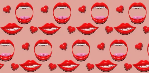 Улыбка Открытый Рот Красными Губами Белыми Зубами Сердцами Розовом Фоне — стоковое фото