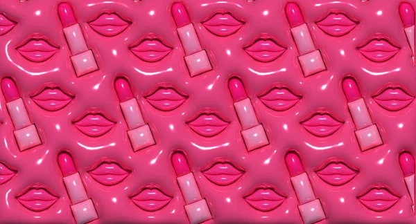 ピンクのリップスティックとピンクの唇 繰り返しパターン 3Dレンダリングイラスト — ストック写真