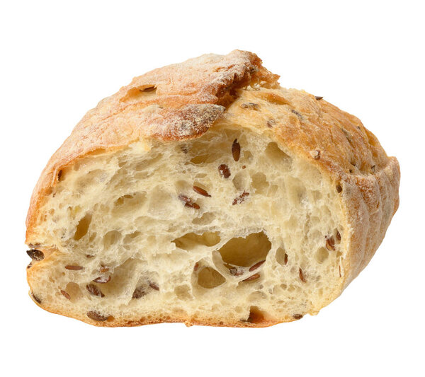 Кусок белого хлеба пшеничной муки с семенами льна на белом изолированном фоне