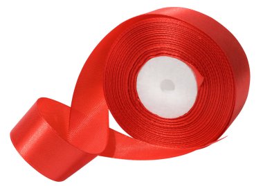 Beyaz izole arkaplanda kırmızı ipek kurdeleli bir makara, dekorasyon için bir nesne