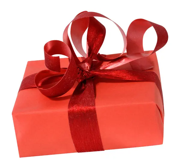 Schachtel Ist Rotes Geschenkpapier Und Rotes Band Auf Weißem Hintergrund — Stockfoto