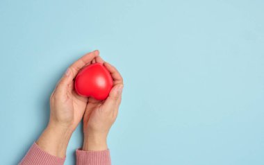 Bir kadının eli, kırmızı kauçuk bir kalbi mavi arka planda tutar, bu da bağış kavramını sembolize eder.