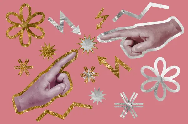 Two hands stretch their index fingers towards each other on a pink background, collage in pop art style