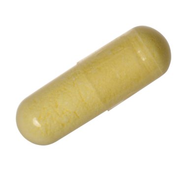 İzole edilmiş arka planda sarı tozlu şeffaf kapsül, tıbbi uyuşturucu