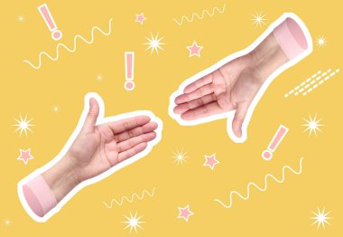 Avuç içi açık, sarı arka planda bir kadının eli uzanır.