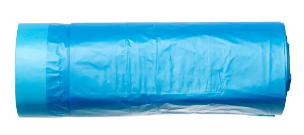 Kantong Sampah Plastik Biru Dengan String Latar Belakang Putih Tutup — Stok Foto