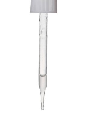 Şeffaf cam pipette sıvı ve izole arkaplanda damla