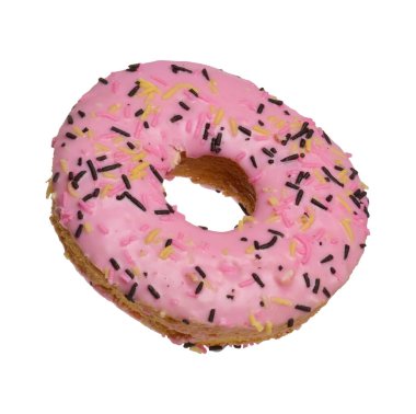 Pembe jöleli donut ve izole edilmiş arka planda renkli serpinti serpiştirilmiş