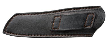 Siyah deri kılıf beyaz izole bir arka planda bir bıçak için, yakın çekim