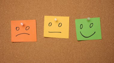 Etikette farklı duygulara sahip yüzler çizilmiş ve mantar panoya yapıştırılmış. Beğeni ve kalite değerlendirmesi