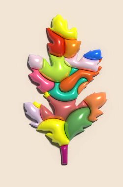 Bej arkaplanda çok renkli kasımpatı yaprağı, üç boyutlu resimleme