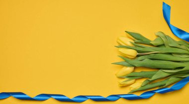 Sarı arka planda yeşil yapraklı sarı lale buketi, boşluğu kopyala