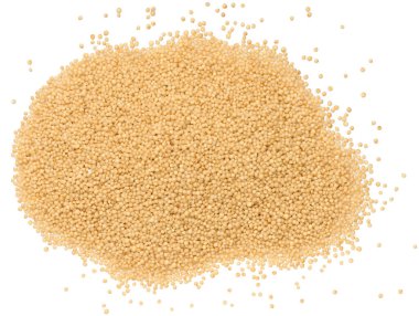 Amaranth tohumları beyaz izole bir zemin üzerine serpilmiş, üst görünüm