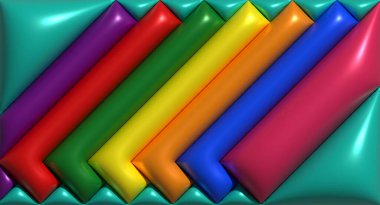 Yeşil zemin üzerinde çok renkli şişirilmiş dikdörtgenler, üç boyutlu resimleme