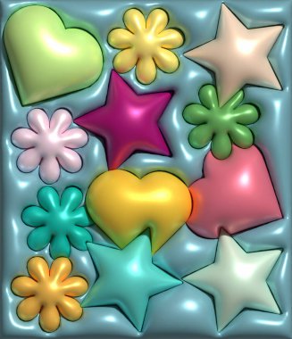 Şişmiş yıldızlar, mavi arkaplandaki kalpler, üç boyutlu resimleme