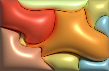 Pürüzsüz, kıvrımlı şekilleri ve parlak, doygun renkleri olan, renkli jel damlalarını anımsatan soyut bir görüntü. 3B resimleme