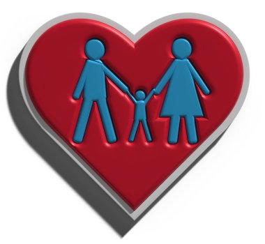 İzole edilmiş arka planda kırmızı kalpli aile, üç boyutlu resimleme