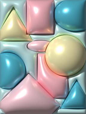 Mavi arkaplanda çeşitli geometrik şekiller, üç boyutlu resimleme